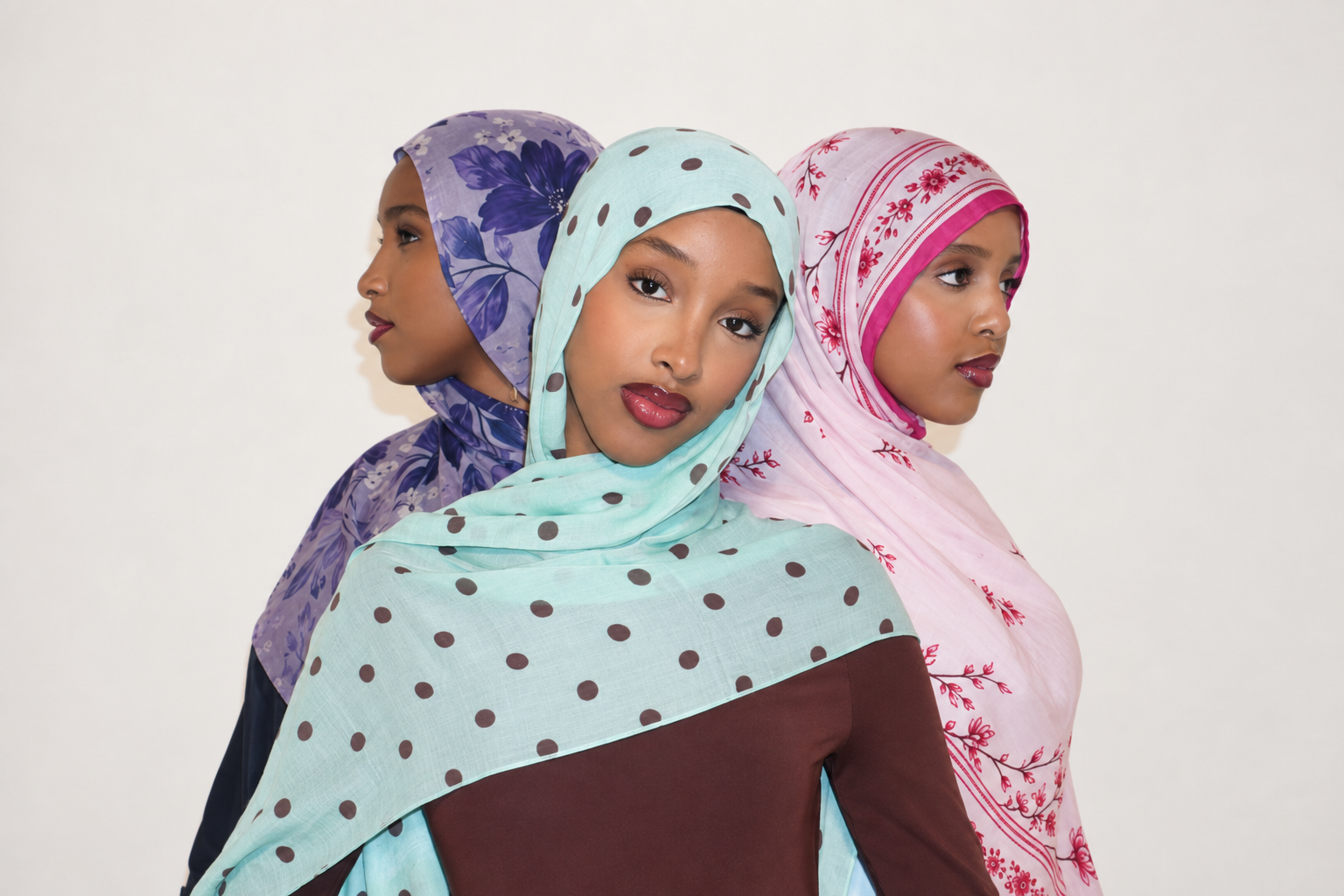 Lavendish, Mintish and Rosy hijabs styled together